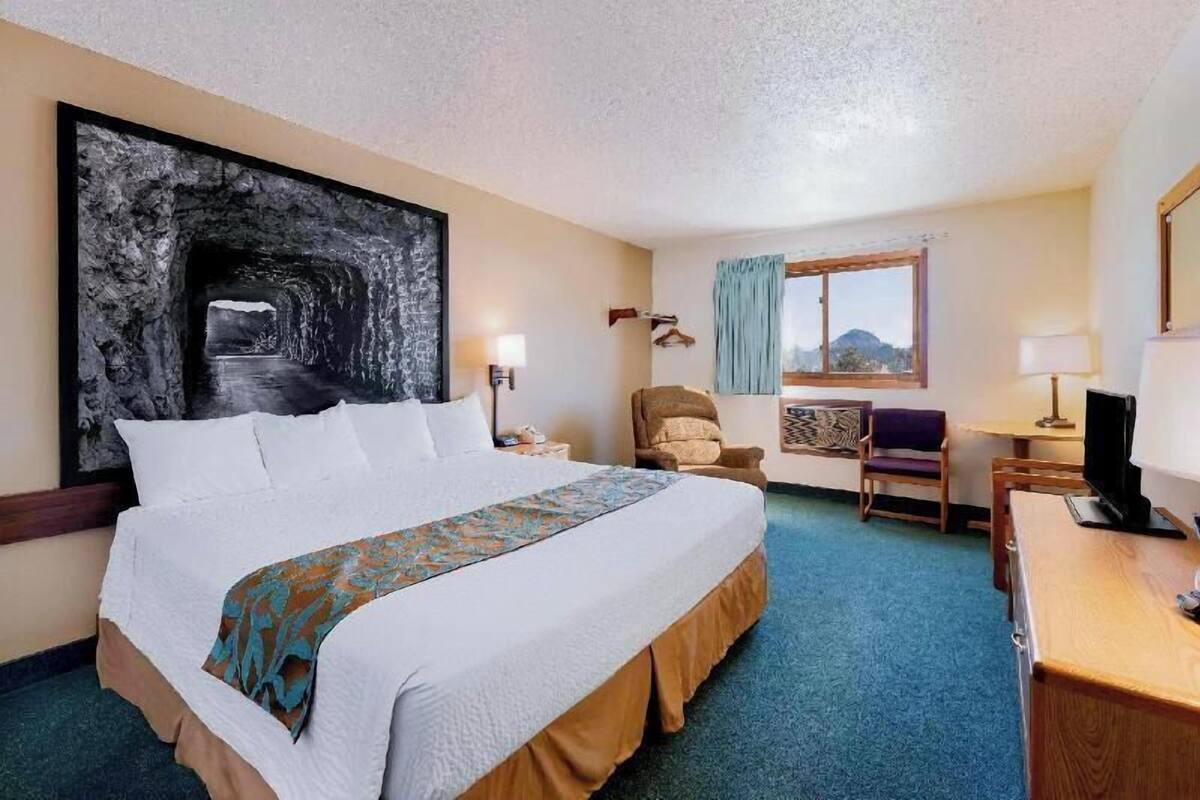 A hotel room with a large bed, a desk, a chair, a television, and a painting on the wall.