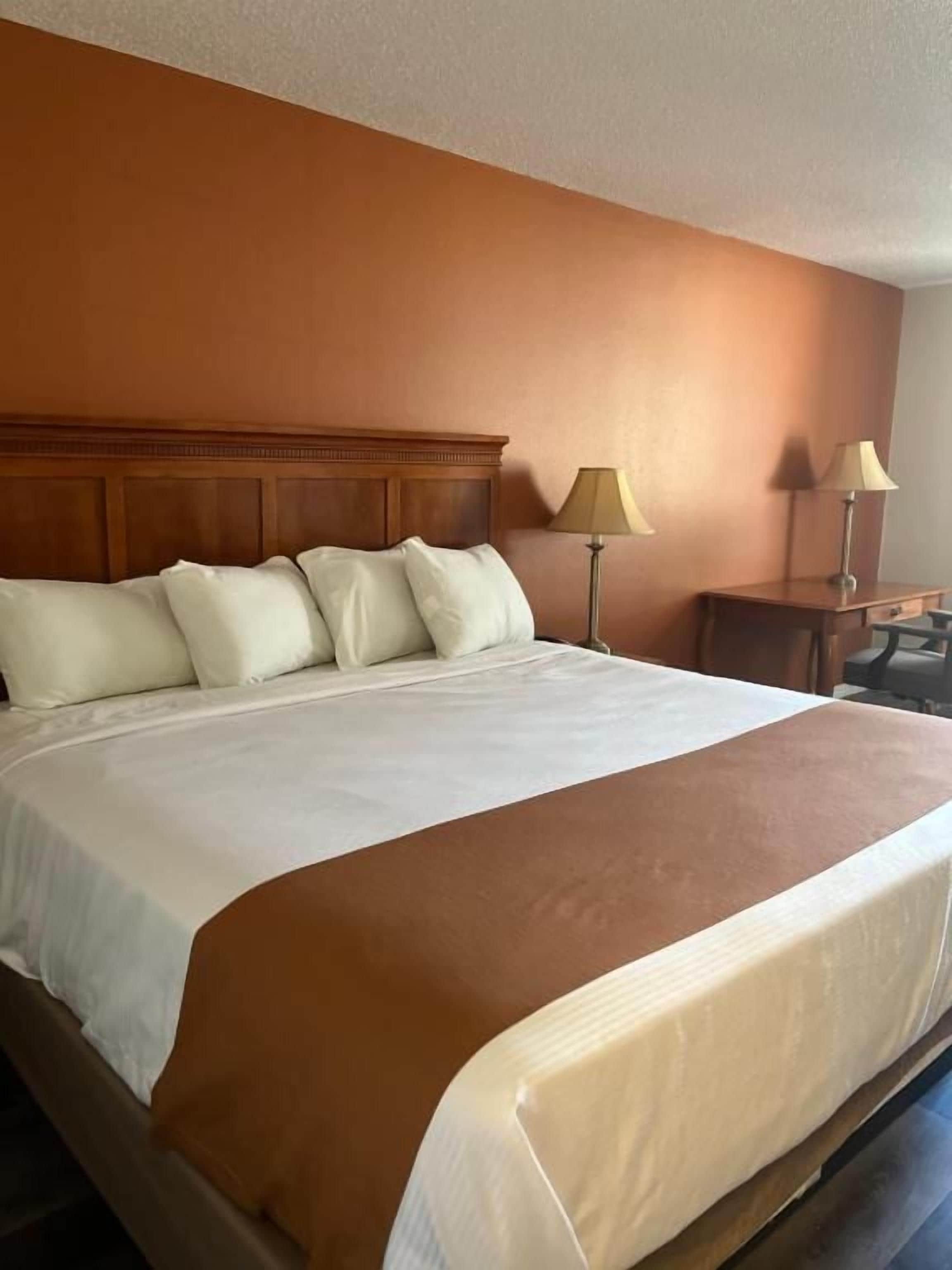 Une chambre d’hôtel avec un grand lit, deux lampes de chevet et une tête de lit en bois.