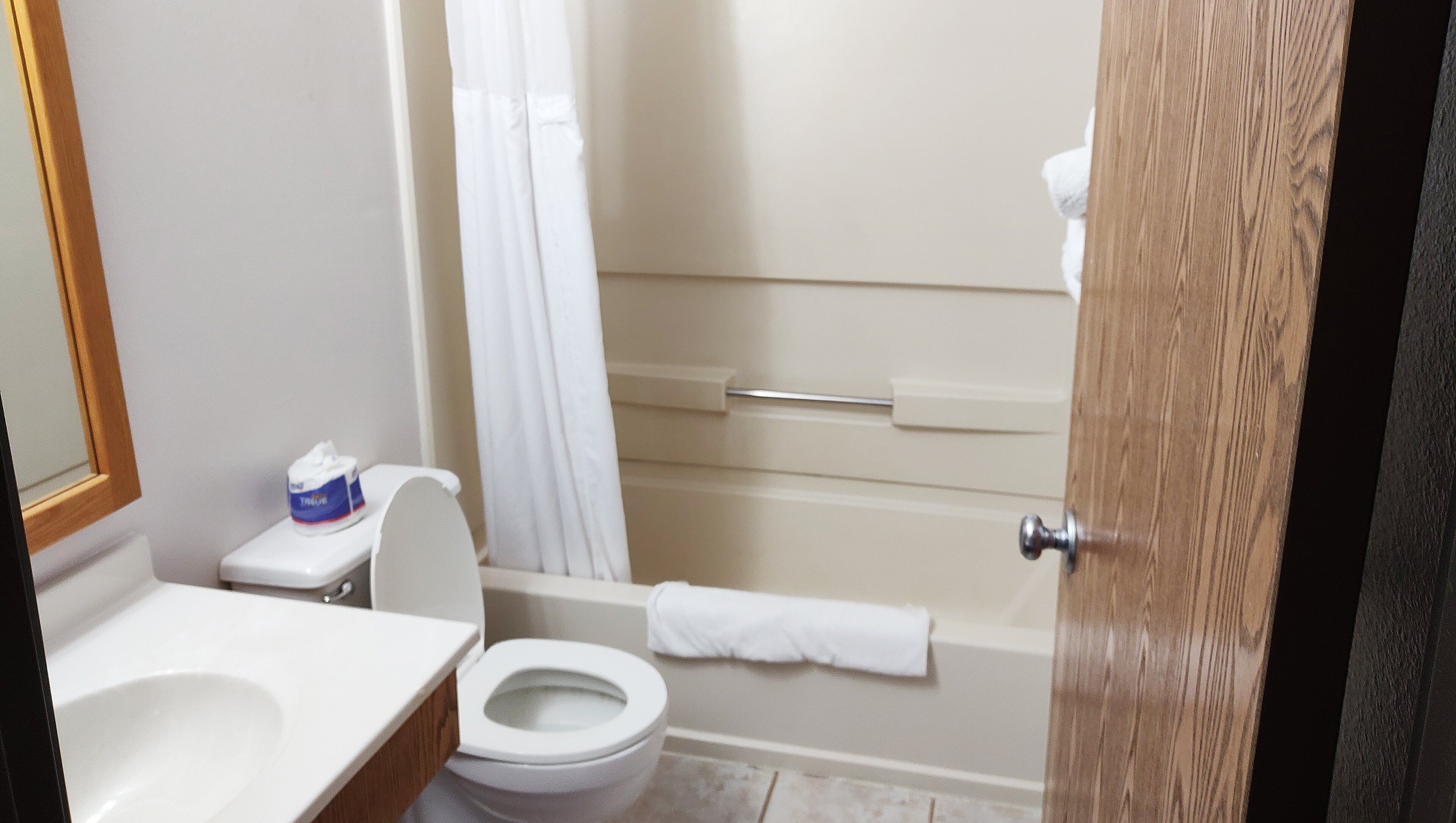 A bathroom with a toilet, sink, and shower area.