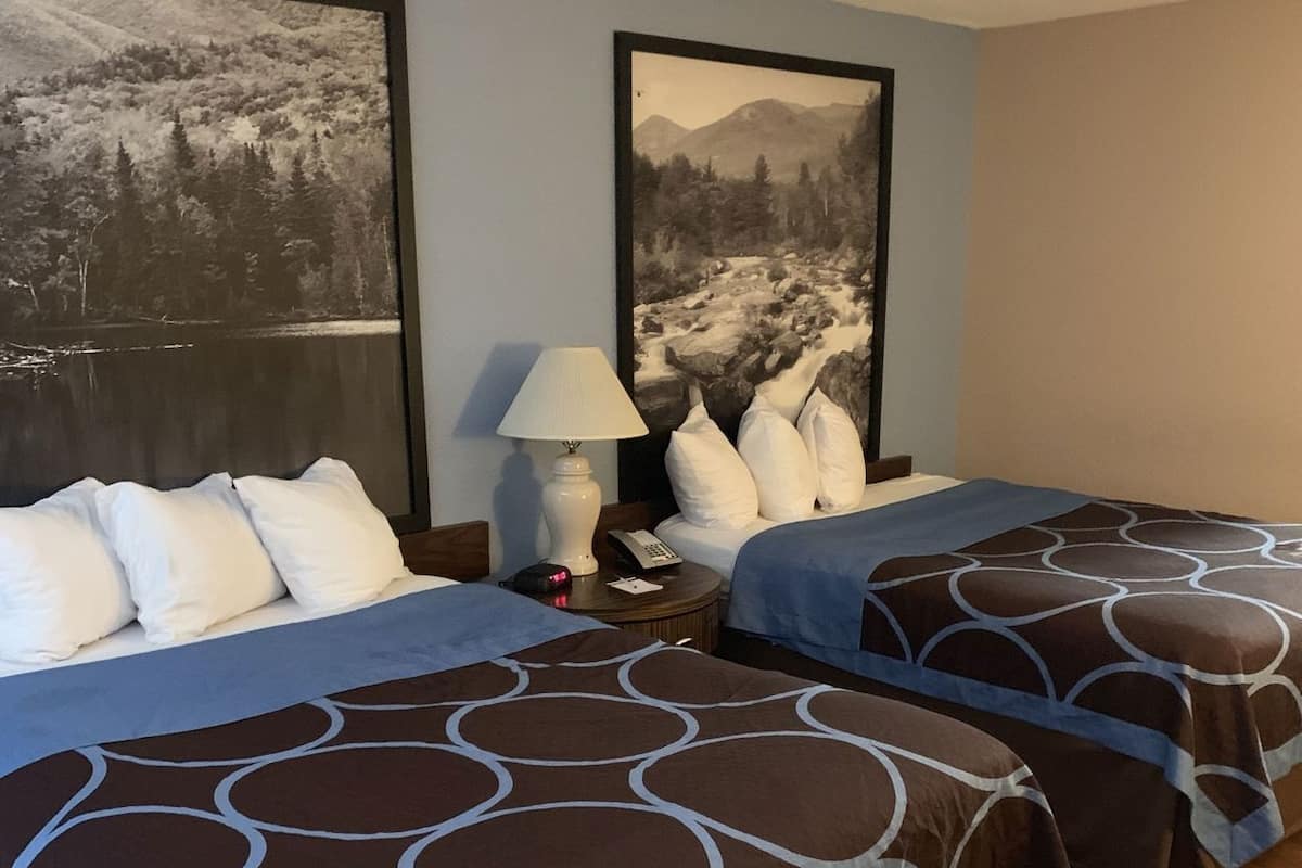 A hotel room with two beds, a nightstand with a lamp, and two framed landscape paintings on the wall.