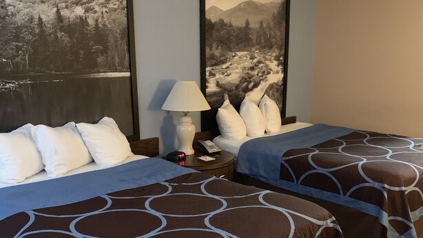 Een hotelkamer met twee bedden, een nachtkastje, een lamp en twee ingelijste foto’s aan de muur.