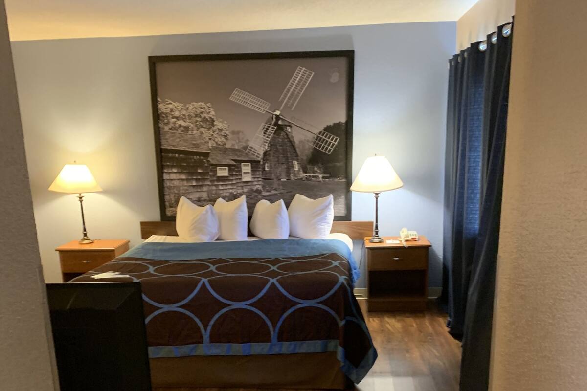 A hotel room with a bed, two bedside tables, a lamp, a chair, and a windmill painting on the wall.
