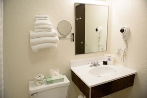 Combined shower/bathtub, free toiletries, hair dryer, towels