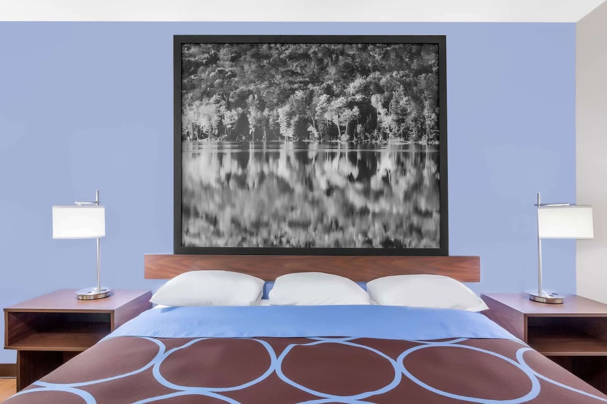 Une chambre d’hôtel avec un lit, deux tables de chevet et un grand tableau encadré au mur.