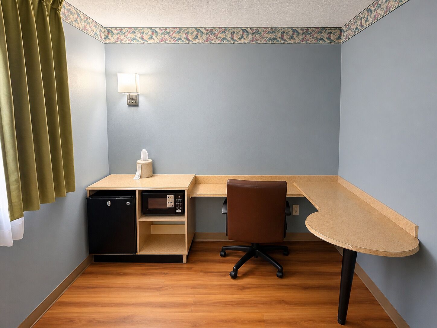 Desk, laptop workspace, free WiFi, bed sheets
