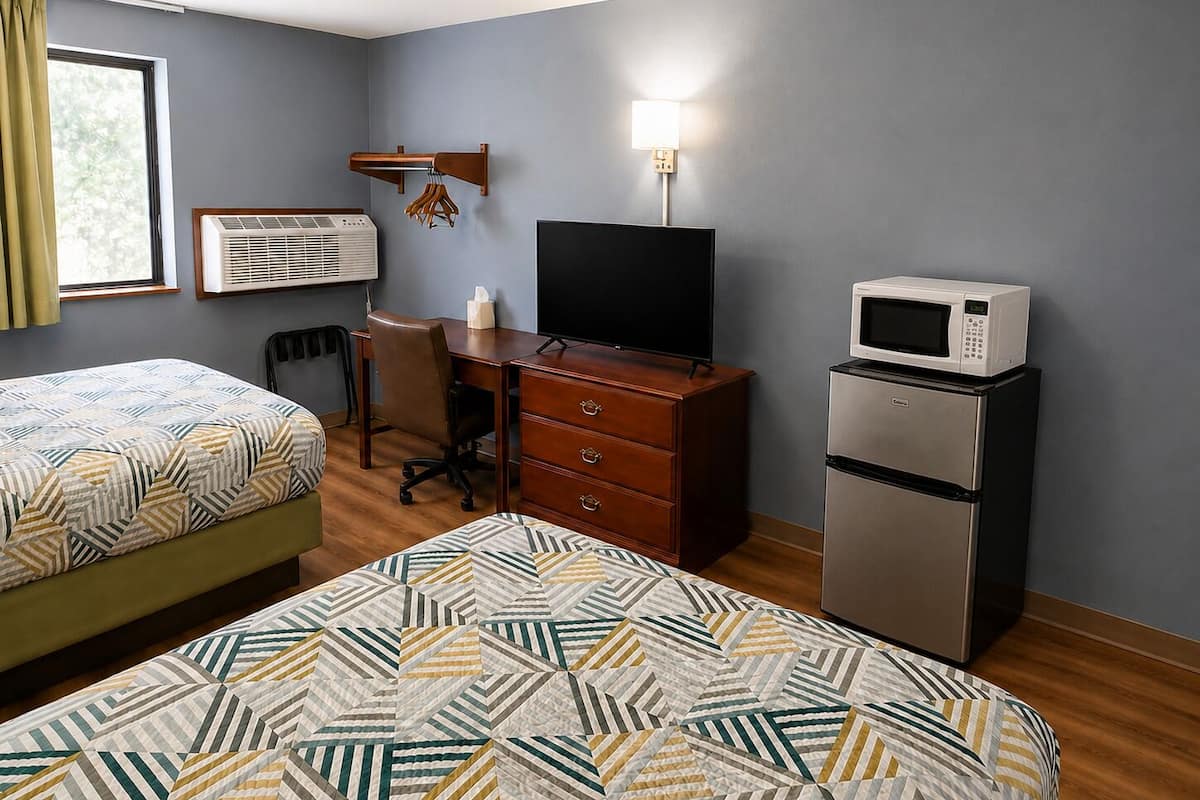 Desk, laptop workspace, free WiFi, bed sheets