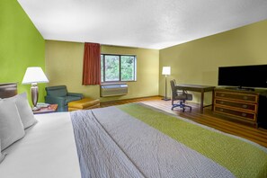 Desk, laptop workspace, free WiFi, bed sheets