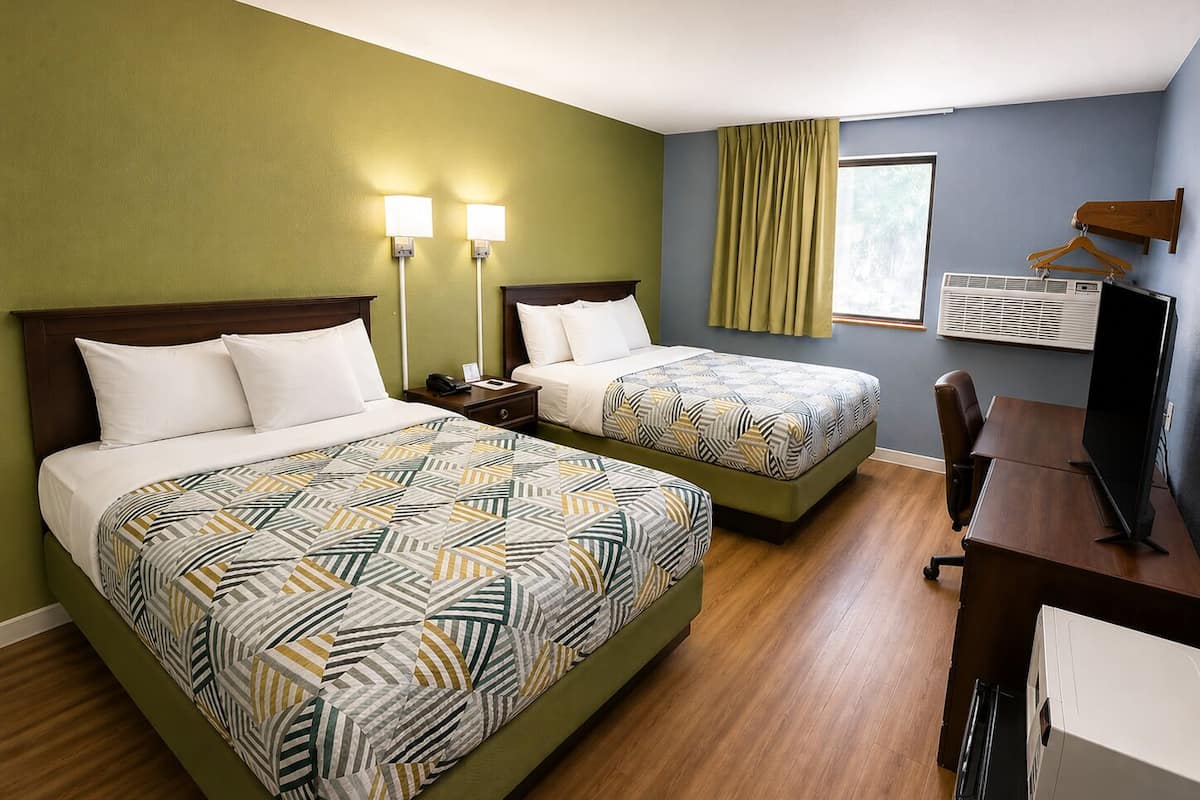 Desk, laptop workspace, free WiFi, bed sheets