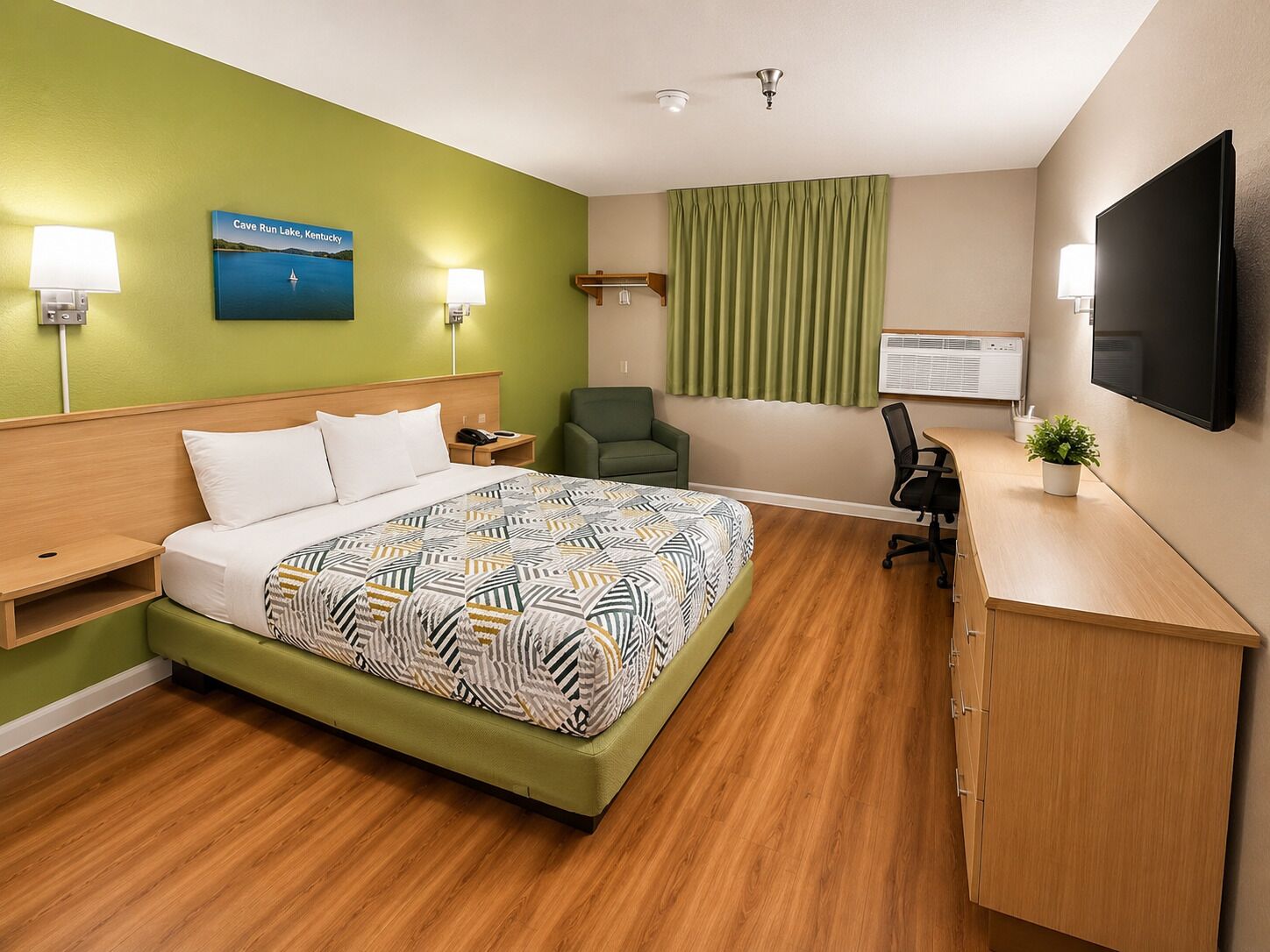 Desk, laptop workspace, free WiFi, bed sheets