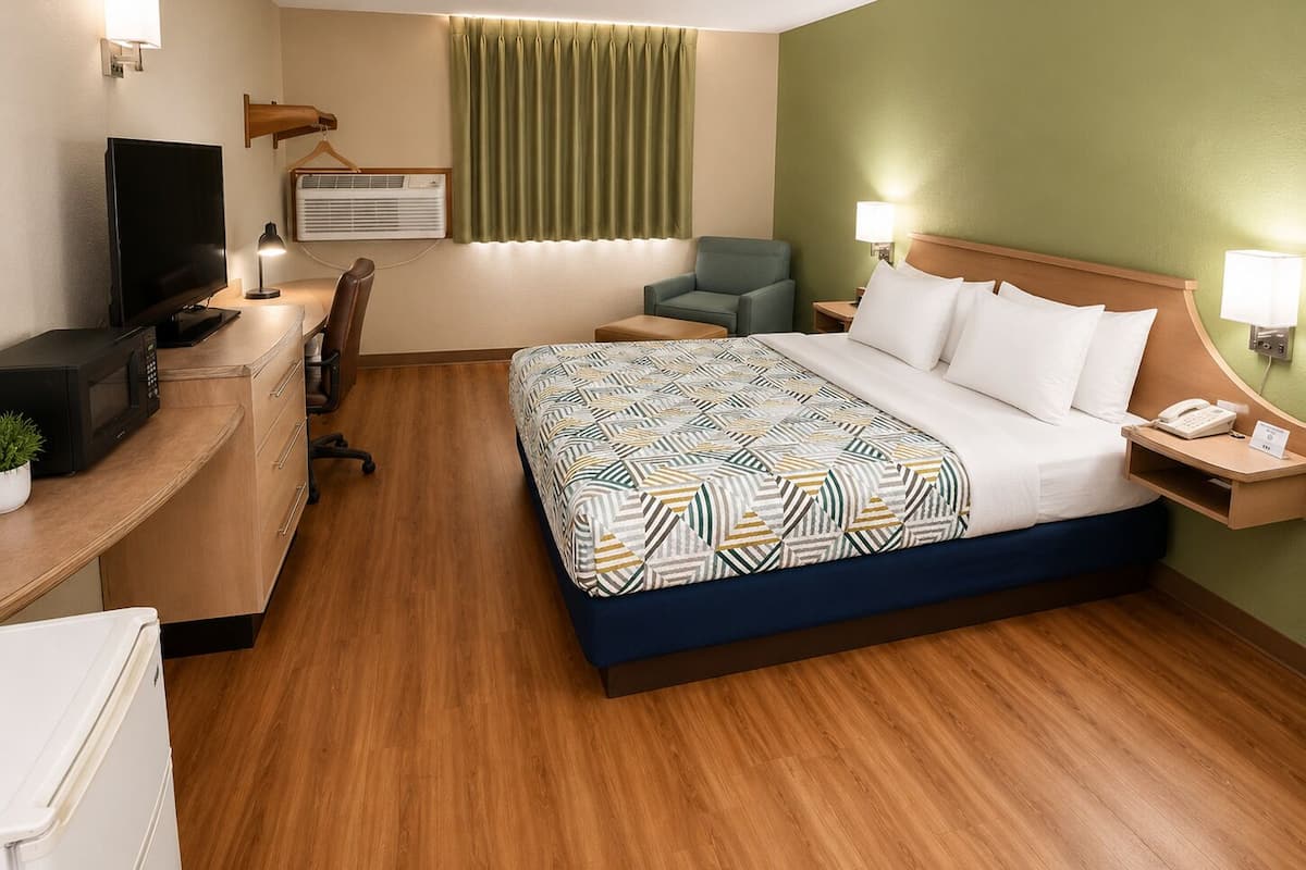 Habitación de hotel con cama, escritorio con televisor, una silla, lámpara de escritorio, mesita de noche con teléfono y lámpara de pared.