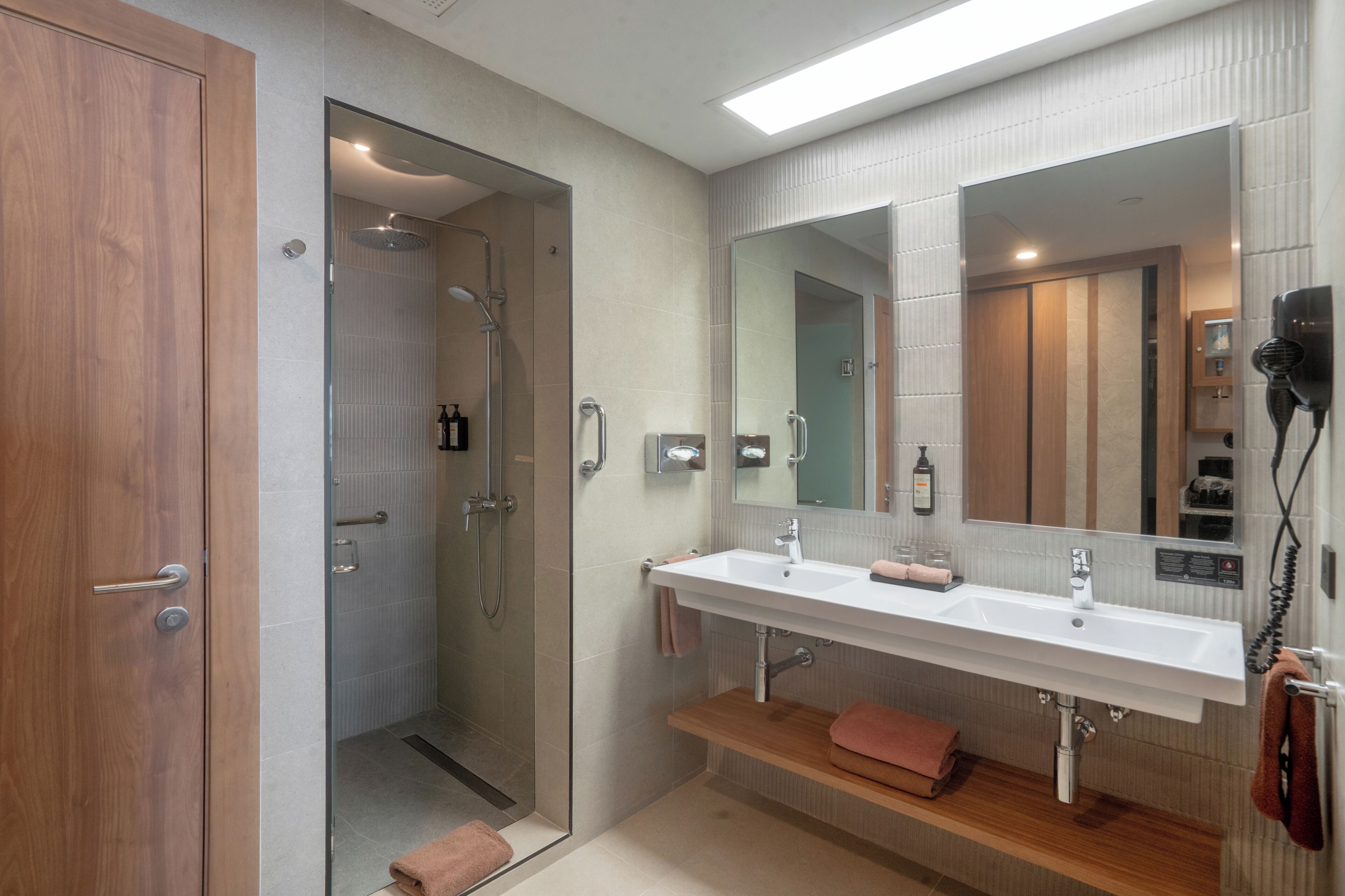A modern bathroom with a walk-in shower, a double sink, and a large mirror.