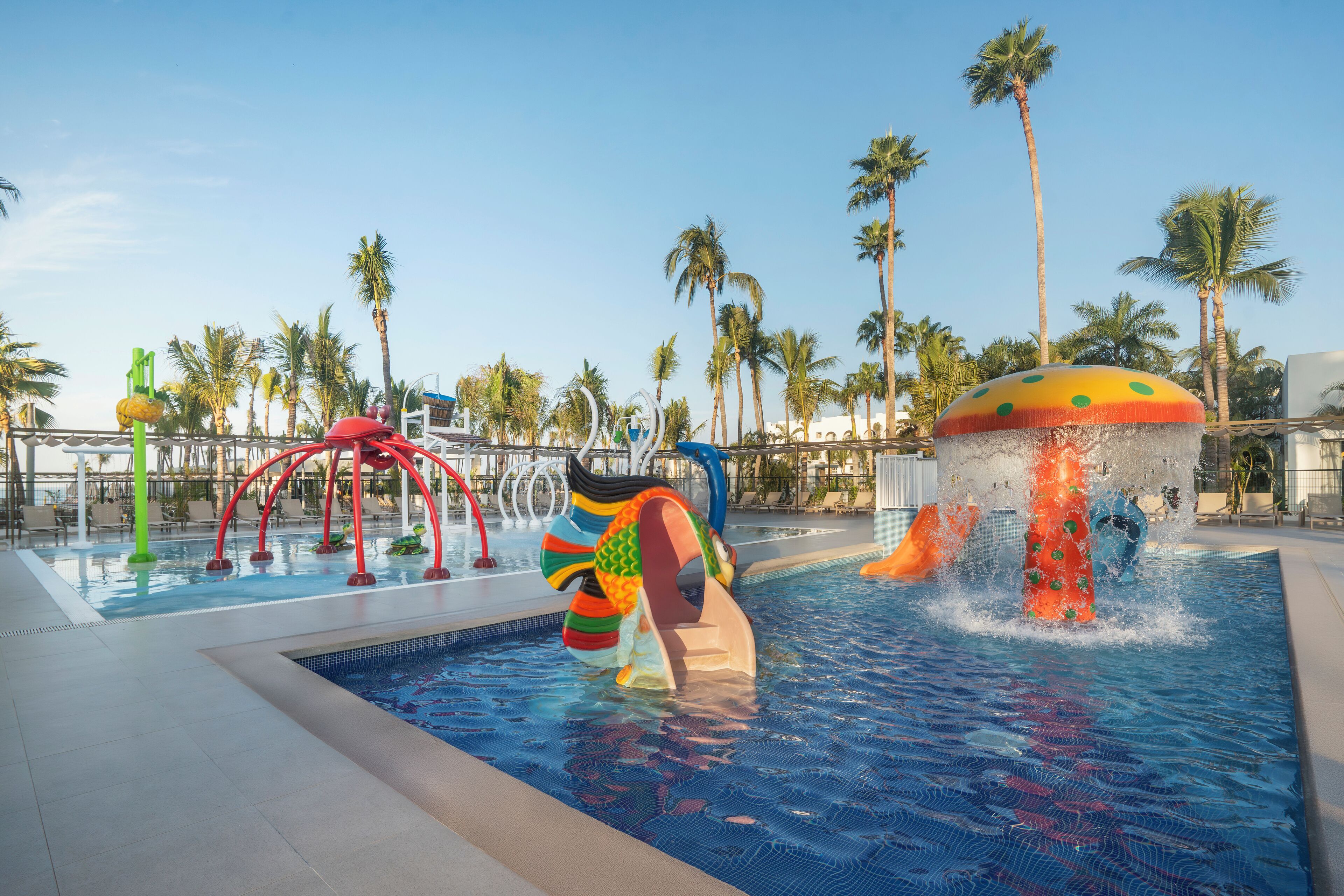 A pool area with a water slide, a wave pool, and palm trees in the background.