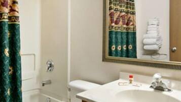 Tina con regadera, secadora de cabello, toallas