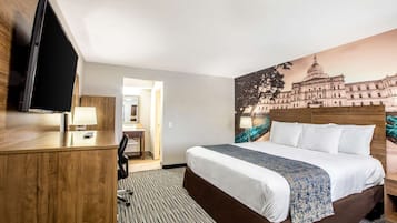 Premium bedding, desk, laptop workspace, free WiFi