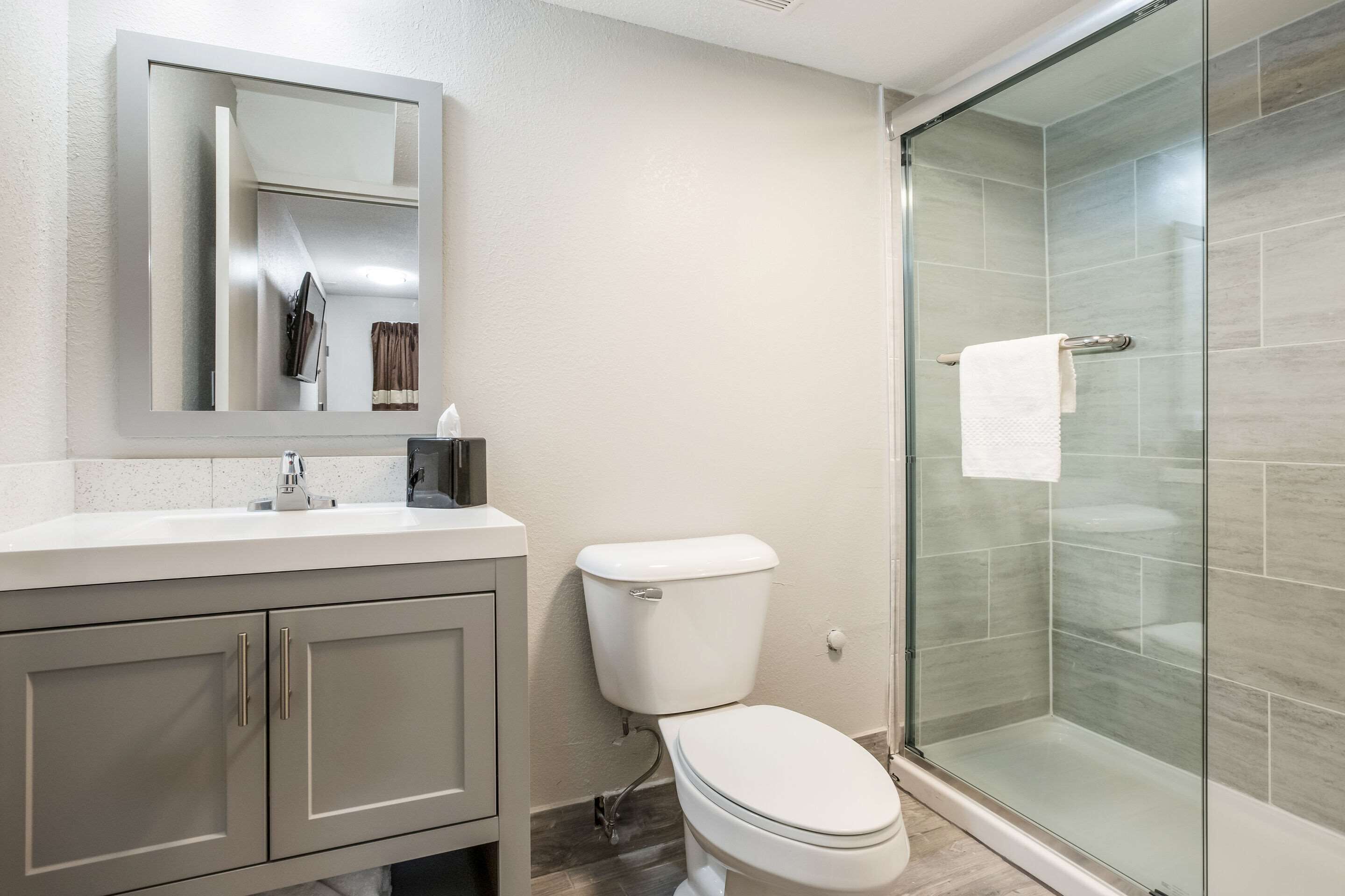 A modern bathroom with a glass shower enclosure, a toilet, and a vanity with cabinets.