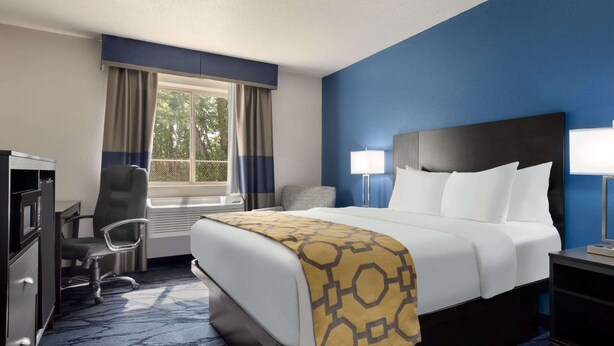 Une chambre d’hôtel avec un grand lit, un bureau avec une chaise, une fenêtre avec des rideaux et une table de chevet avec une lampe.