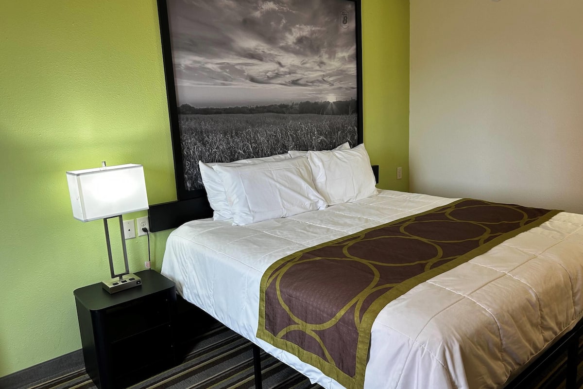 Una habitación de hotel con cama, una mesita de noche con lámpara y un cuadro grande con paisaje en la pared.
