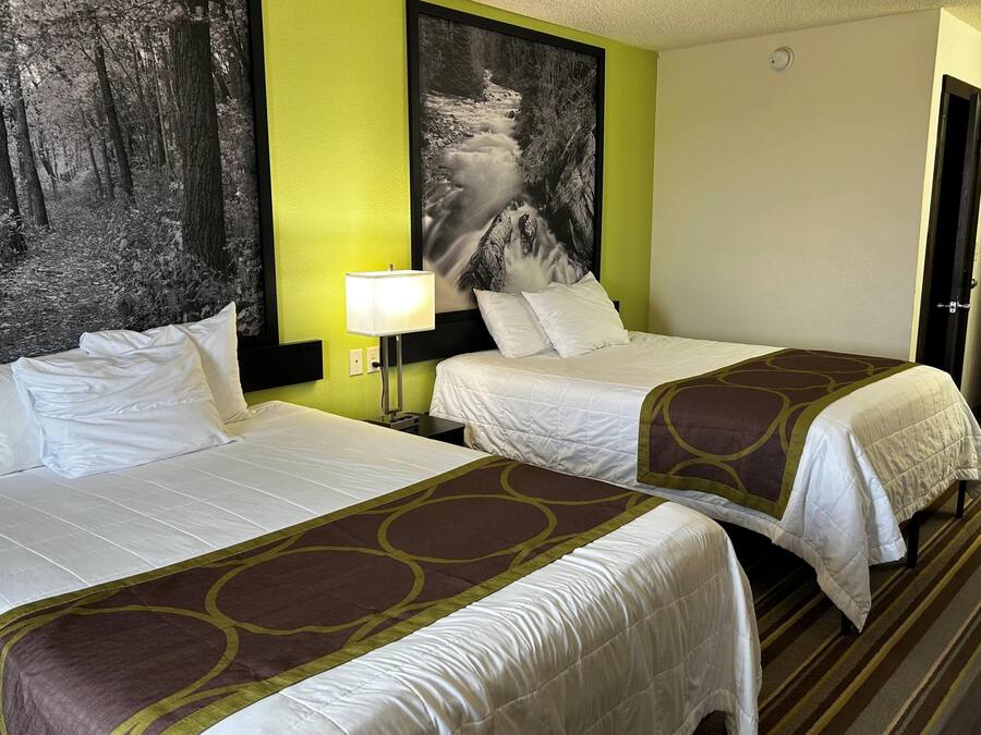 Quarto de hotel com duas camas, um quadro grande com tema de floresta na parede e piso coberto de carpete.