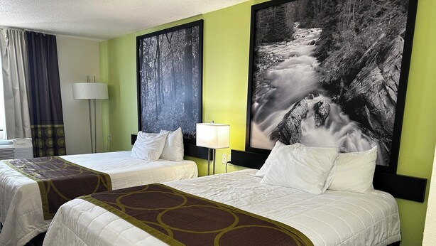 Une chambre d’hôtel avec deux lits, un grand tableau représentant une cascade, une lampe et une fenêtre avec des rideaux.