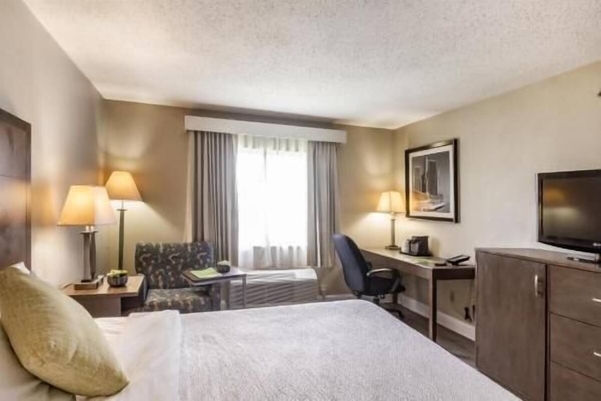 Een hotelkamer met een bed, bureau, stoel, televisie en een raam met gordijnen.
