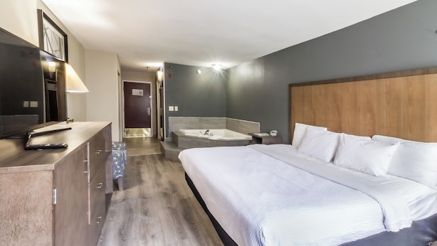 Una habitación de hotel con una cama, un escritorio con lámpara, una bañera y una planta pequeña.