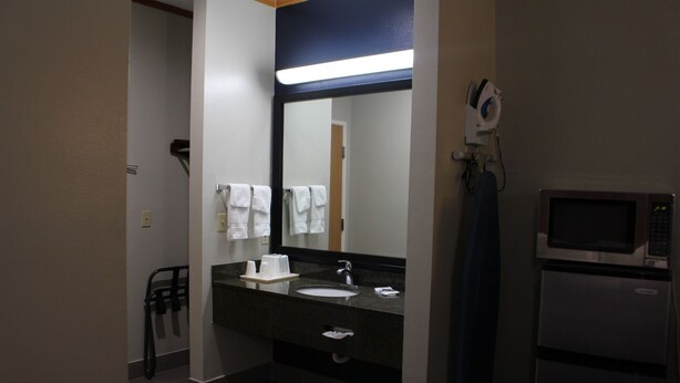 A hotel bathroom with a sink, mirror, and a hairdryer.