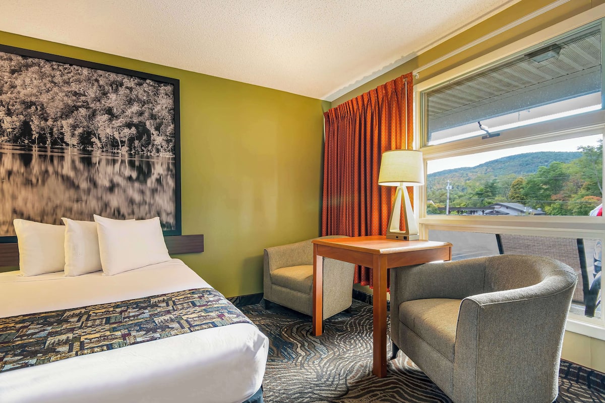 Une chambre d’hôtel avec un lit, une chaise, une table, une fenêtre avec des rideaux et un tableau au mur.