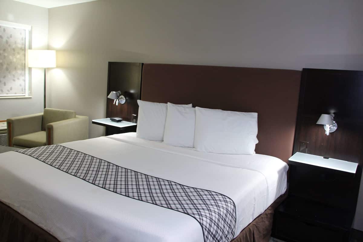 A hotel room with a large bed, a chair, a nightstand, and a wall-mounted lamp.