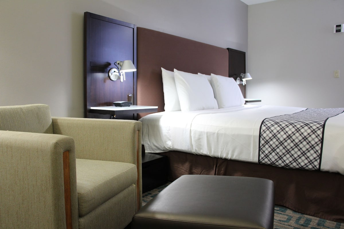 A hotel room with a bed, a chair, a desk, and a nightstand.