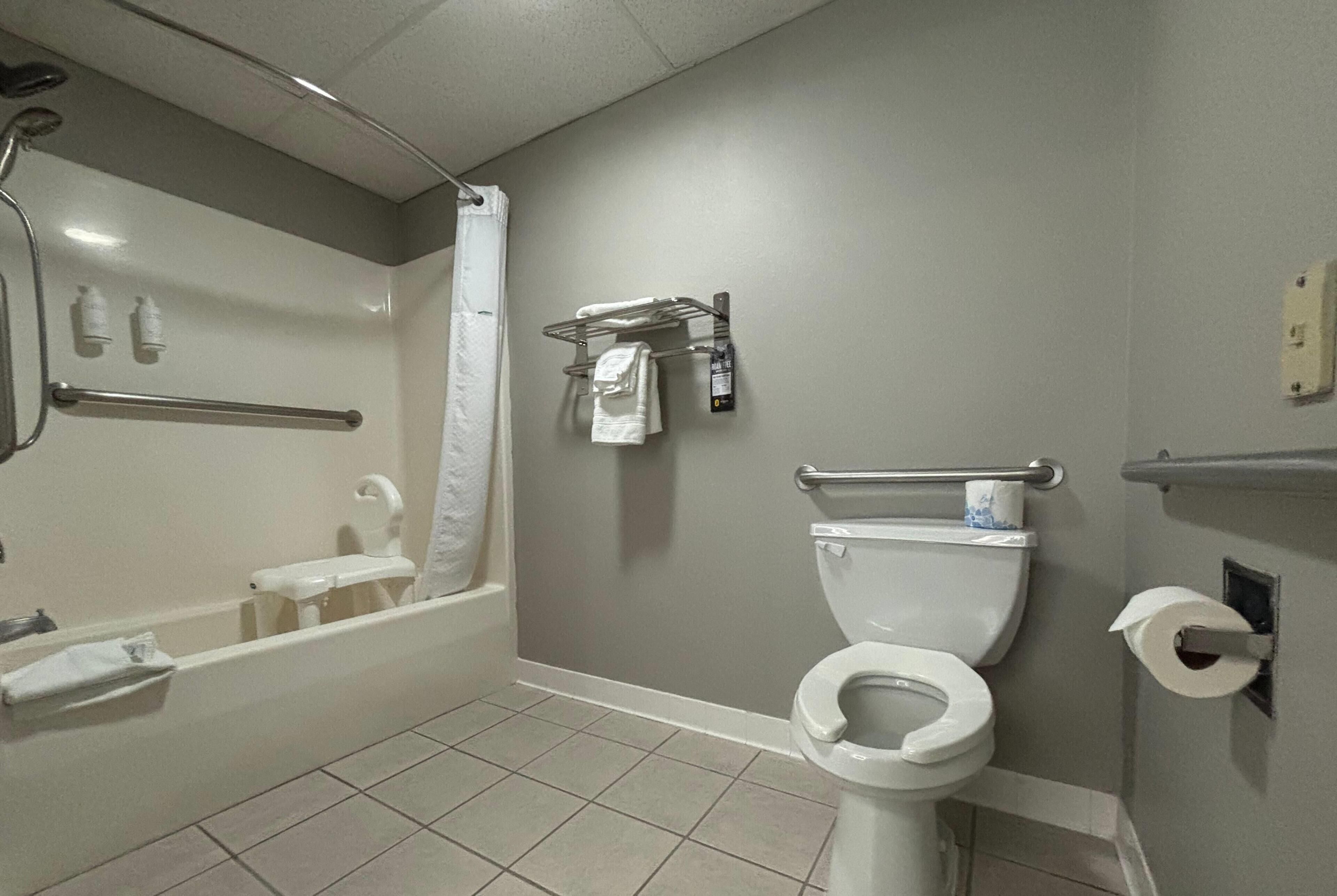 A bathroom with a bathtub, toilet, and shower.