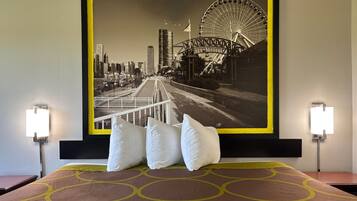 Desk, blackout drapes, iron/ironing board, free cribs/infant beds