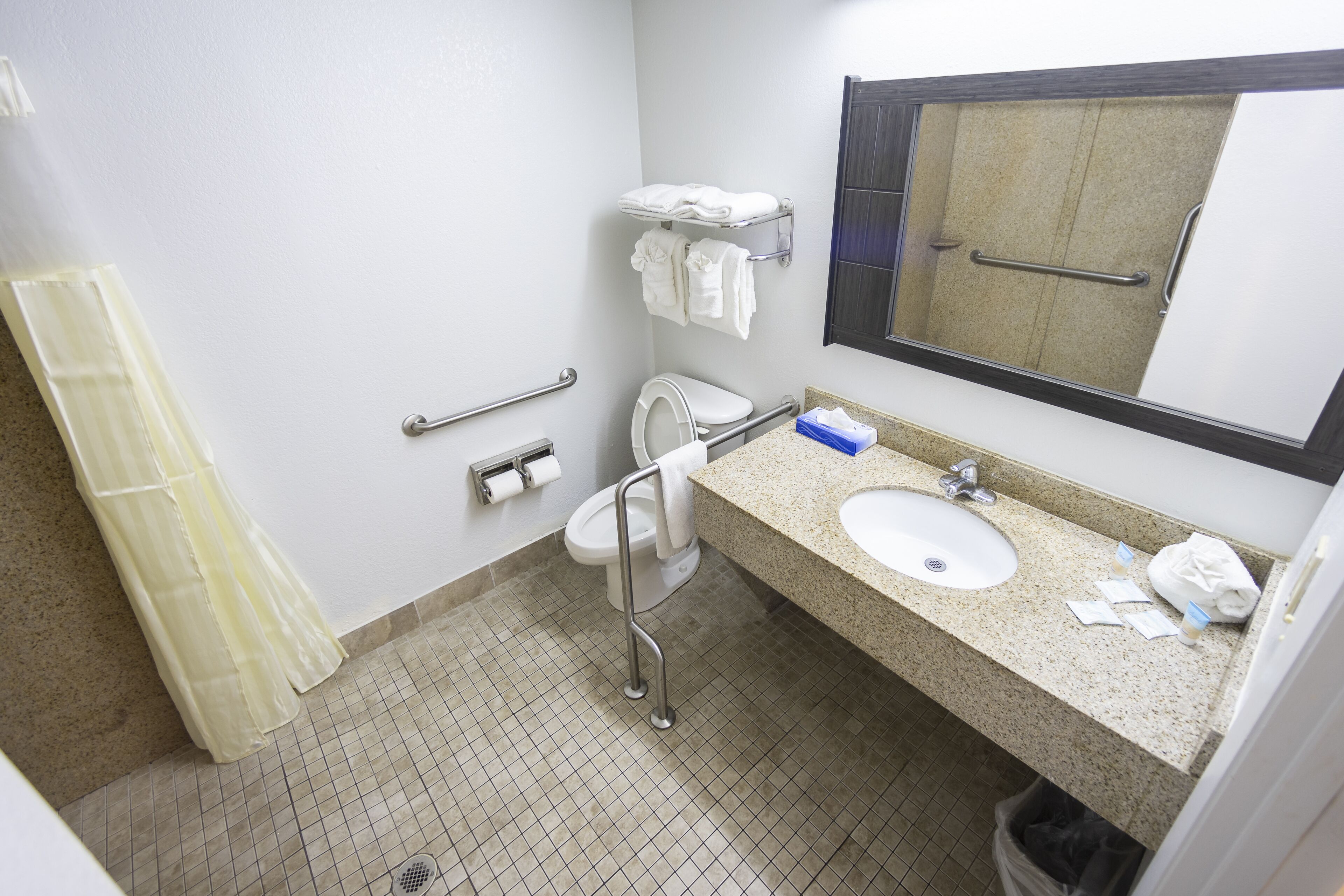 A bathroom with a sink, toilet, and handrails. There is a towel rack above the toilet and a mirror above the sink.