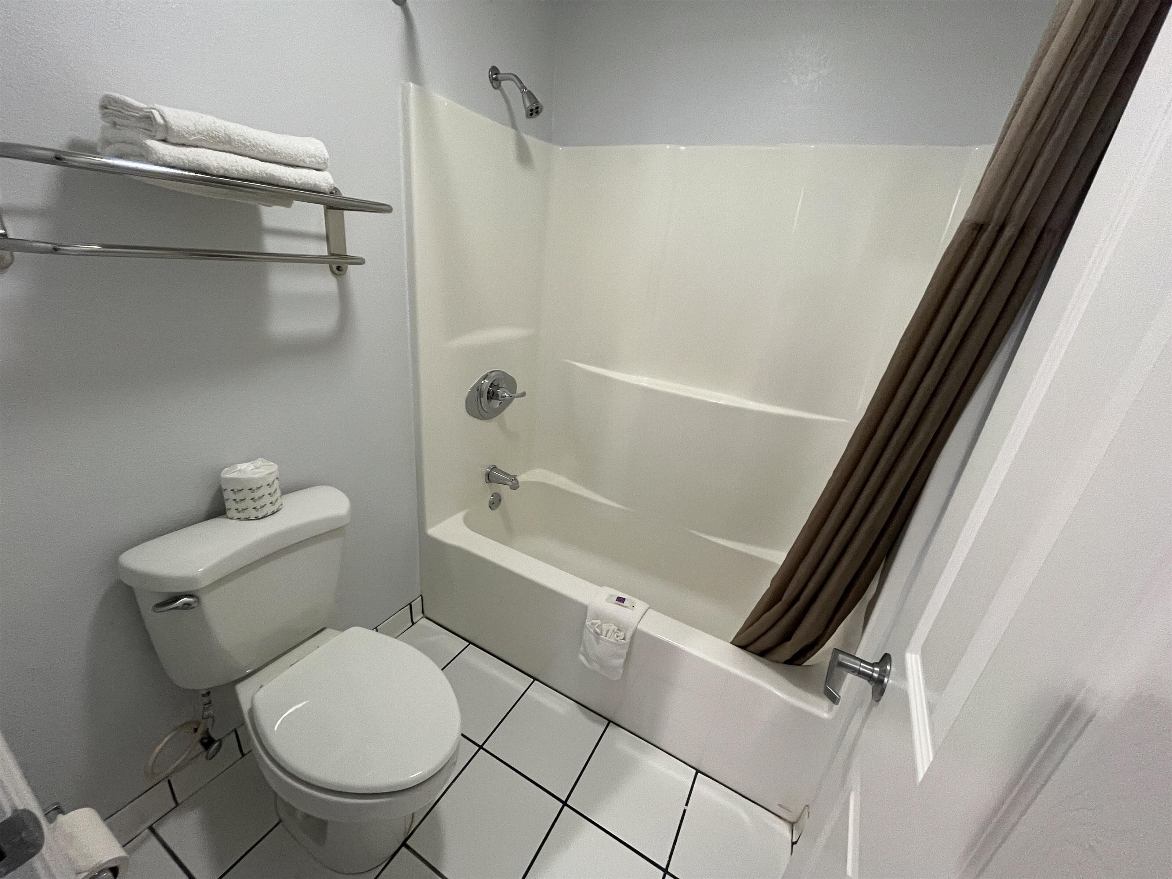 A small, clean bathroom with a toilet, a bathtub, and a shower.