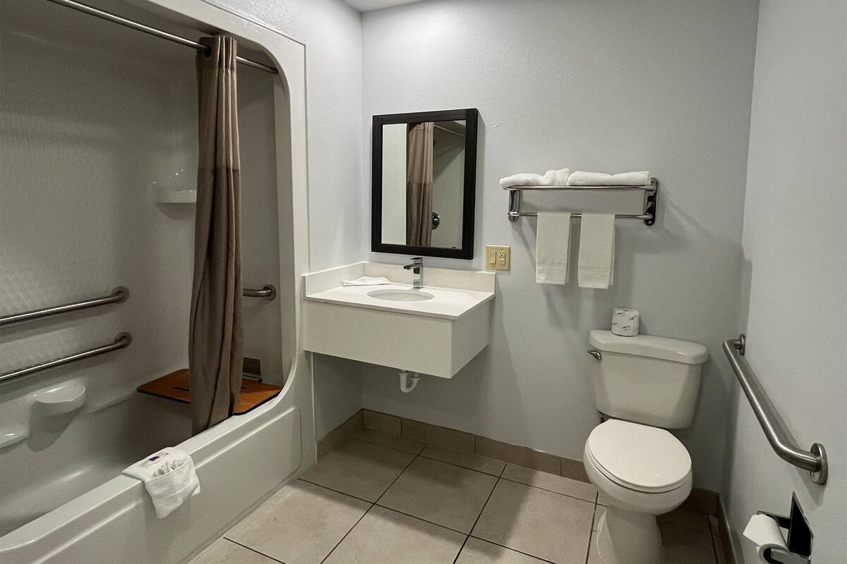 A bathroom with a shower, toilet, sink, and a mirror.