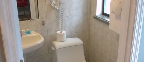 A small bathroom with a toilet, a sink, and a hairdryer mounted on the wall.