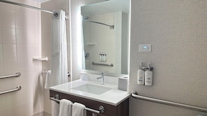 Standard Room, 1 King Bed, Accessible (Communications) | Bathroom | Combined shower/tub, hair dryer, towels, soap