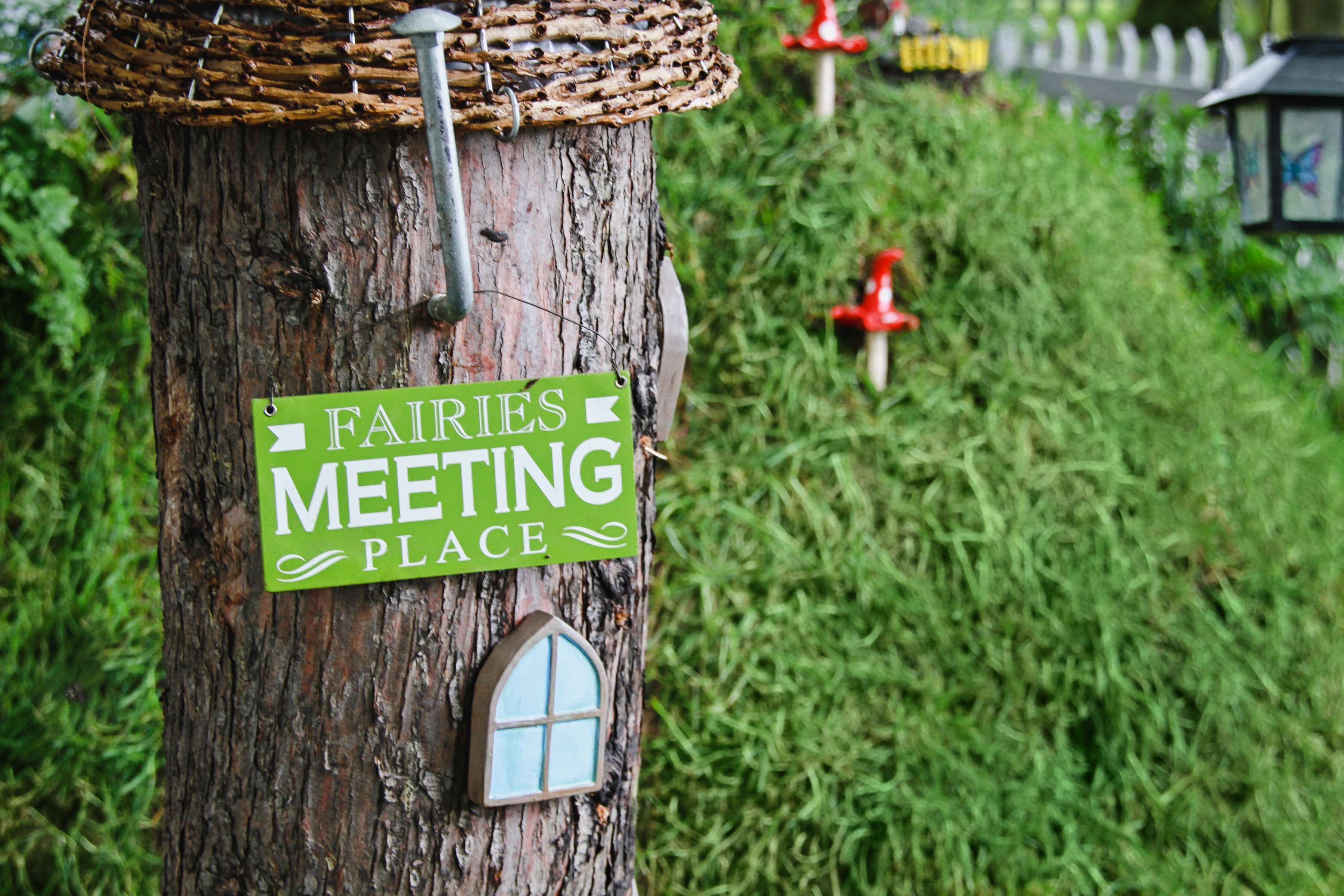 A tree with a sign reading "Fairies Meeting Place" and a small house attached to it.