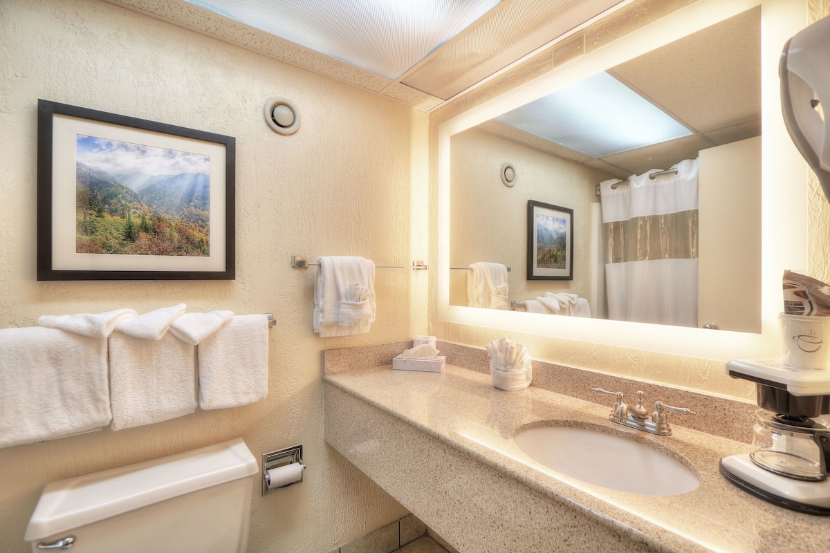standard room, 2 queen beds, mountainside | bathroom | combined shower/bathtub, free toiletries, hair dryer, towels