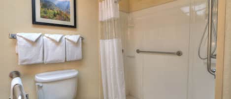 A bathroom with a toilet, a shower with a glass door, and a framed picture on the wall.