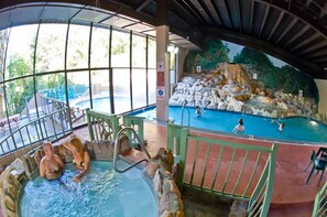An indoor swimming pool with a rocky landscape mural, a glass enclosure, and a pool ladder. - Edgewater Hotel - Gatlinburg (Gatlinburg)