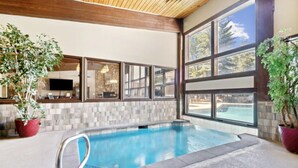 An indoor swimming pool with a tiled wall, large windows, and potted plants. - Falcon Point (Avon)