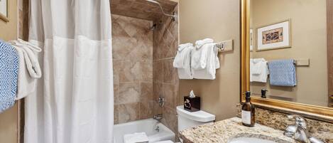 A bathroom with a shower, toilet, sink, and a large mirror.