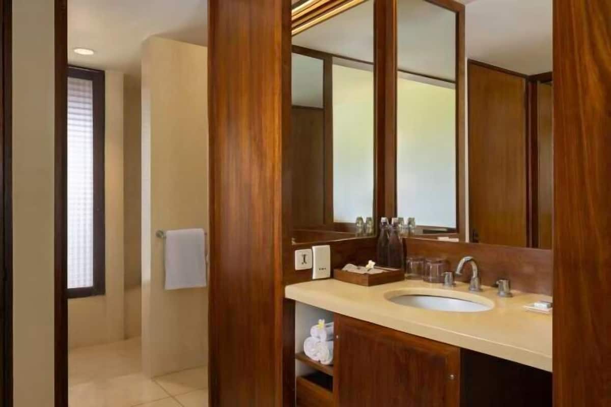 Shower, hydromassage showerhead, eco-friendly toiletries, hair dryer