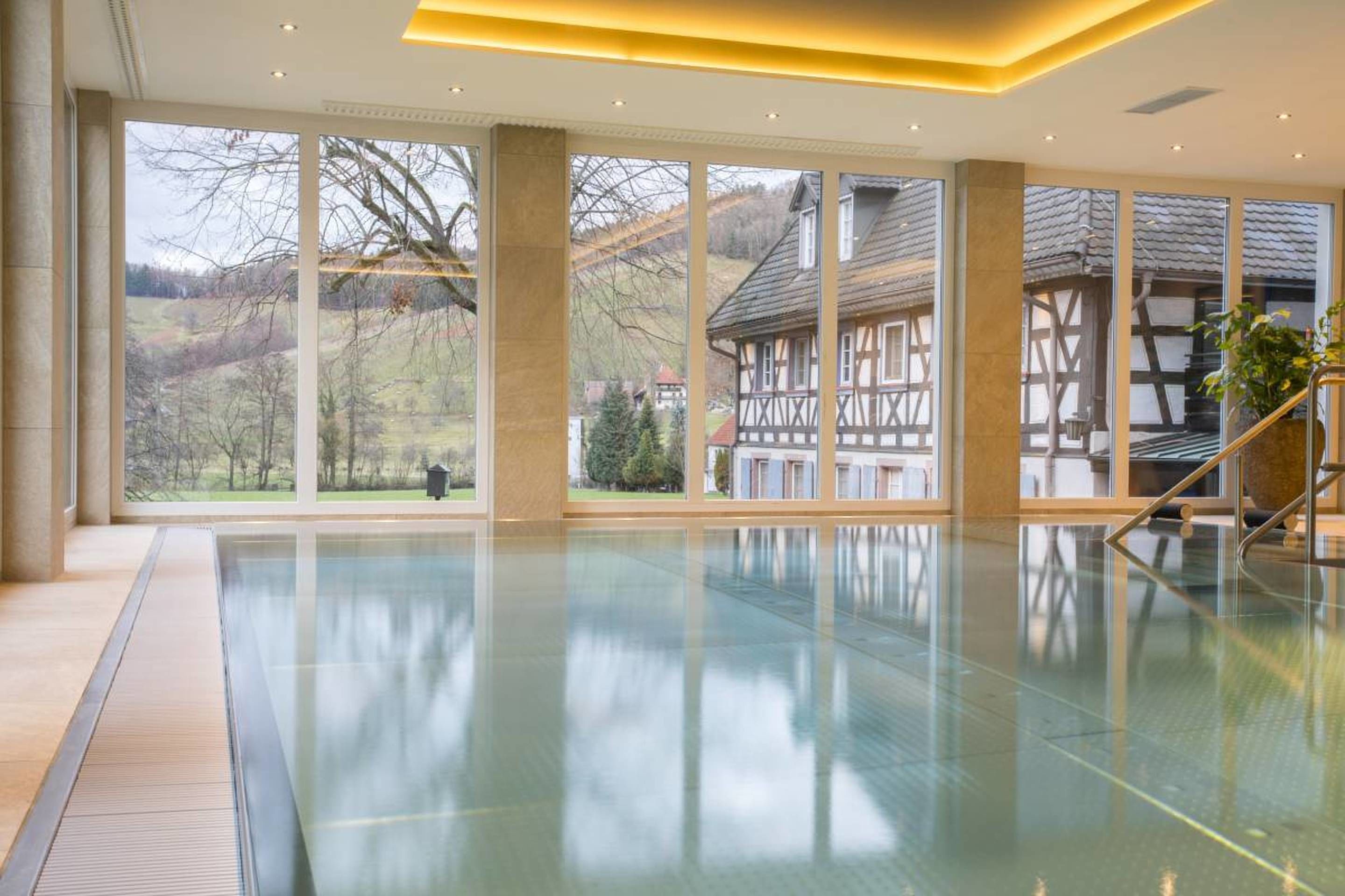 indoor pool, pool loungers
