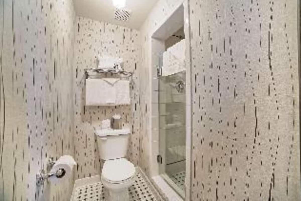 Combined shower/bathtub, designer toiletries, hair dryer, bathrobes