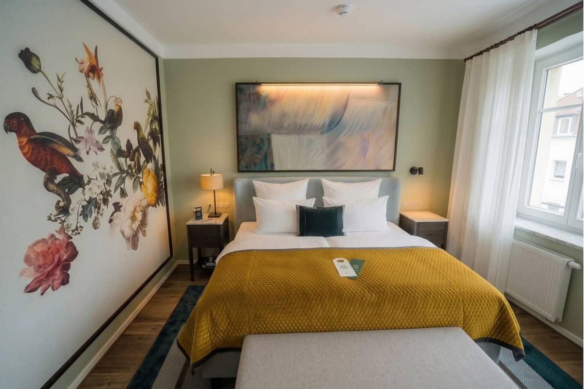 A hotel room with a bed, a nightstand, a lamp, a painting, and a window.