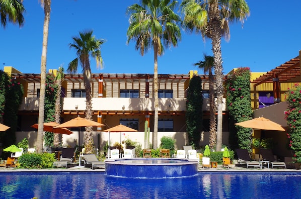 Outdoor pool, pool umbrellas, pool loungers