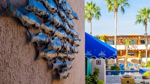 Fachada de edificio con una escultura azul distintiva, zona de piscina con sillas de descanso y palmeras.