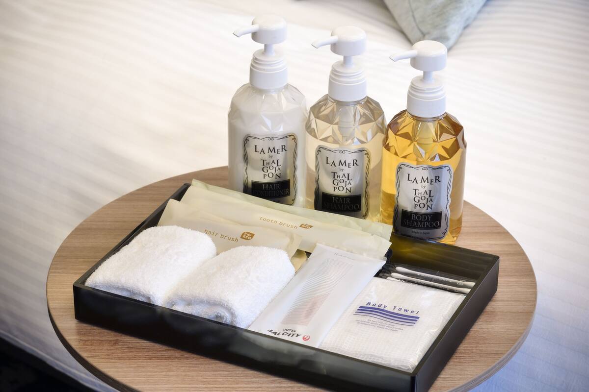 combined shower/bathtub, free toiletries, hair dryer, slippers
