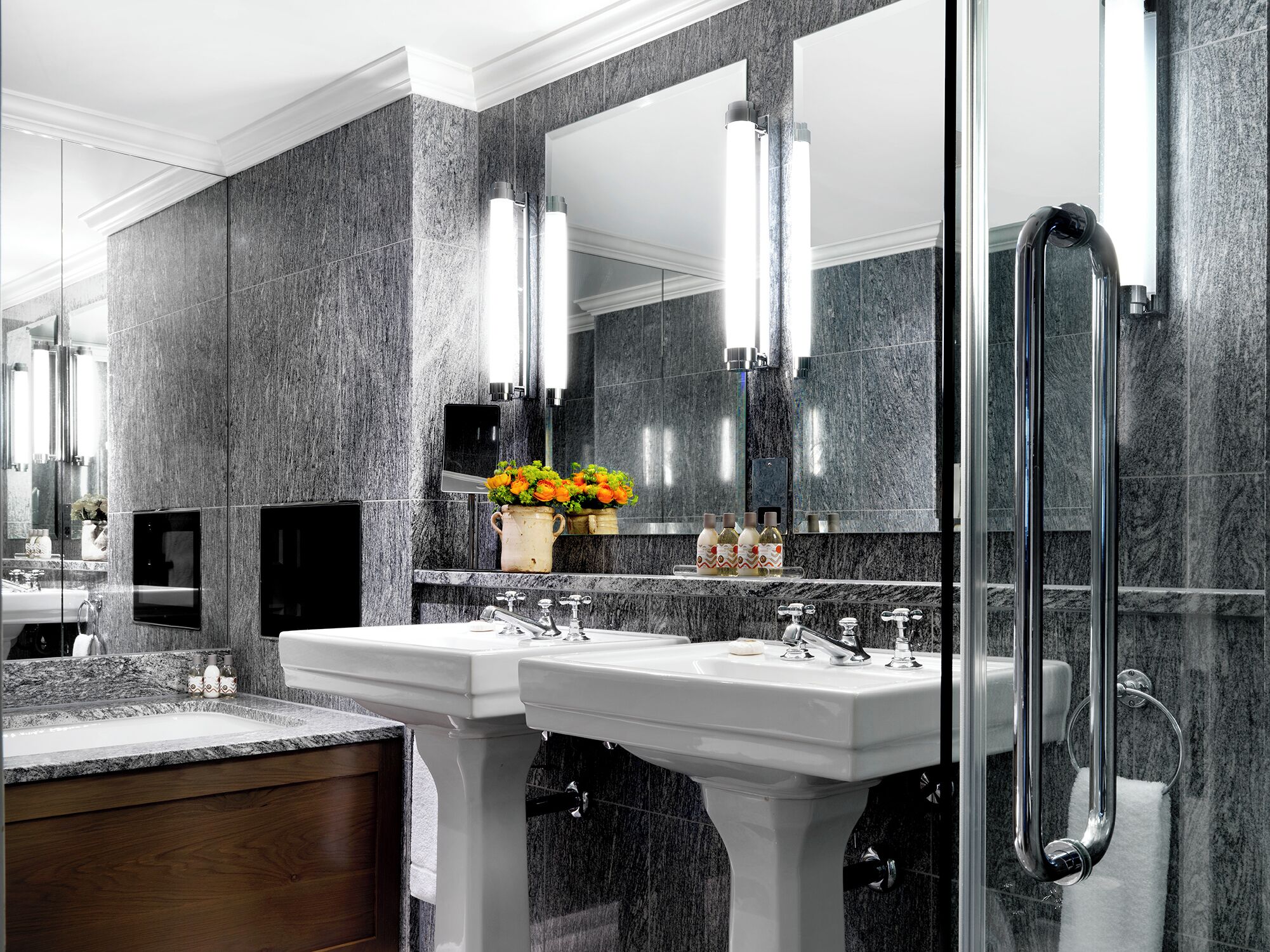 knightsbridge suite | bathroom | designer toiletries, hair dryer, bathrobes, slippers